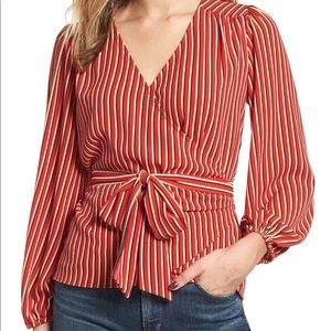 Hinge Stripe Blouson Puff Sleeve Wrap Top Blouse